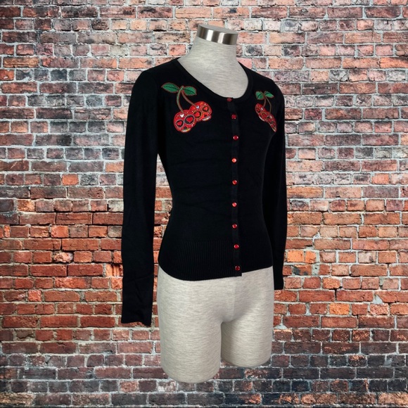 Banned Punk Rockabilly Cherry Black Cardigan Sweater - Picture 2 of 4